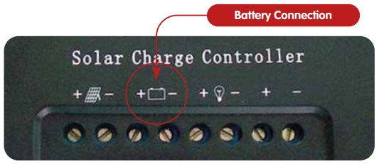 Battery connection terminals on a solar charge controller