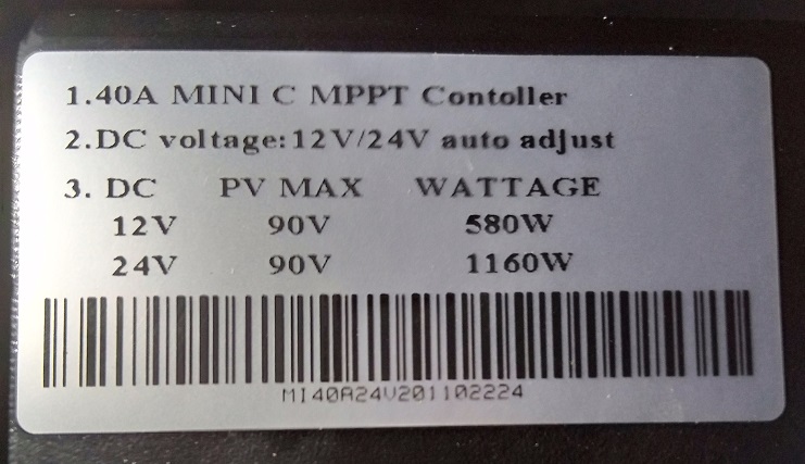 Permitted PV voltage and wattage range for a 40a MPPT charge controller, charge controller name plate