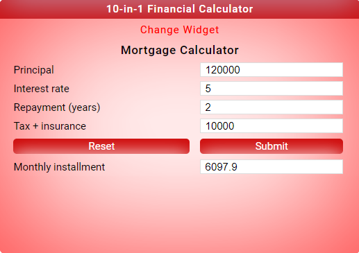 mortgage calculator app - provide the required details and tab the submit button