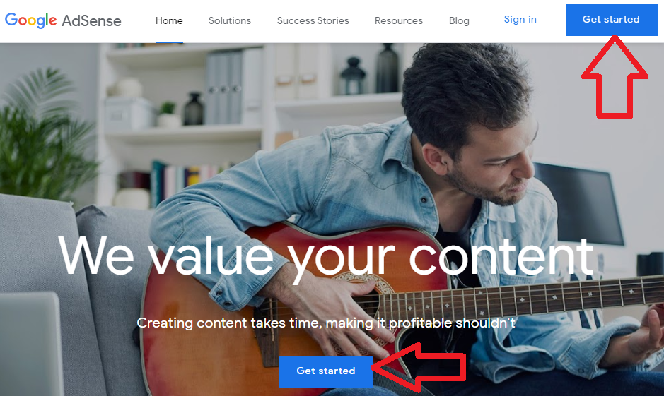 aoogle adsense signup - Click on get started