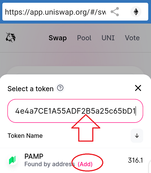 how to use the dapp browser of any private wallet app - paste the contract address and add it to the swap page