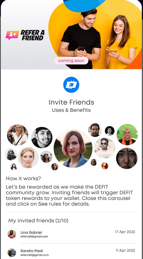 Defit app: Refer a friend and earn referral rewards in DEFIT tokens