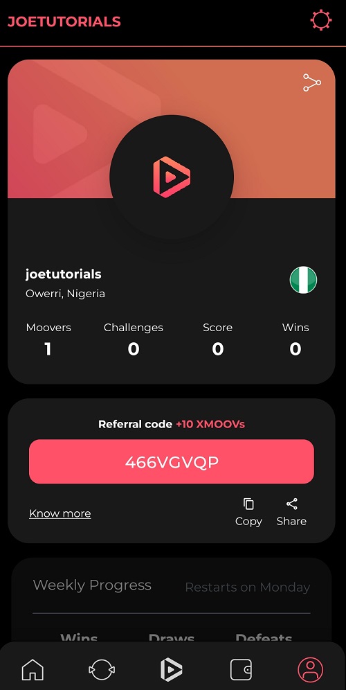 Dotmoovs app: Profile, stats and referral