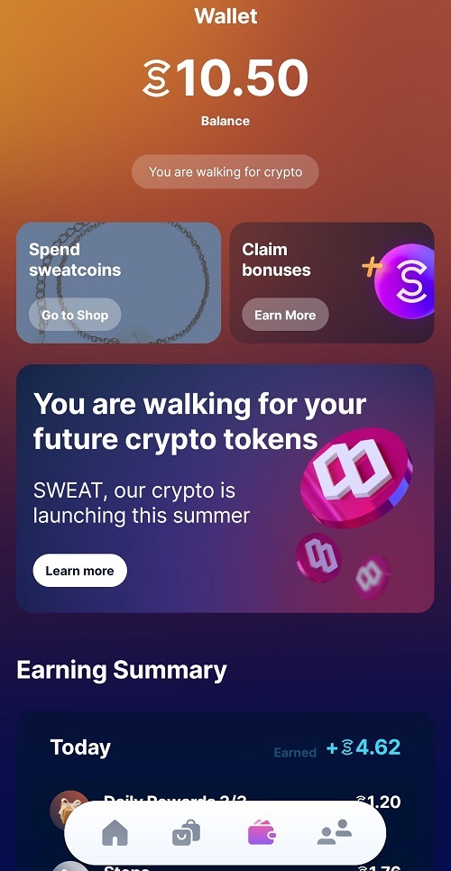 Sweatcoins in-app wallet: Claim bonuses