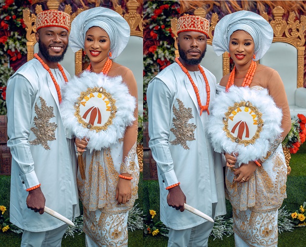 asastan traditional wedding styles 18 - bride and groom posing in another gorgeous african traditional wedding attire